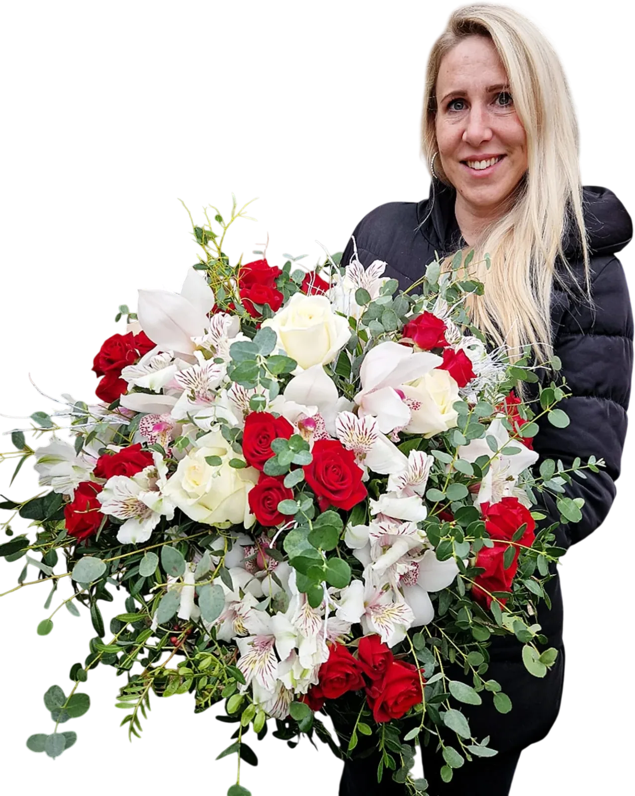Martina Drexlerová s velkou kyticí z červených a bílých růží, orchidejí a eukalyptu